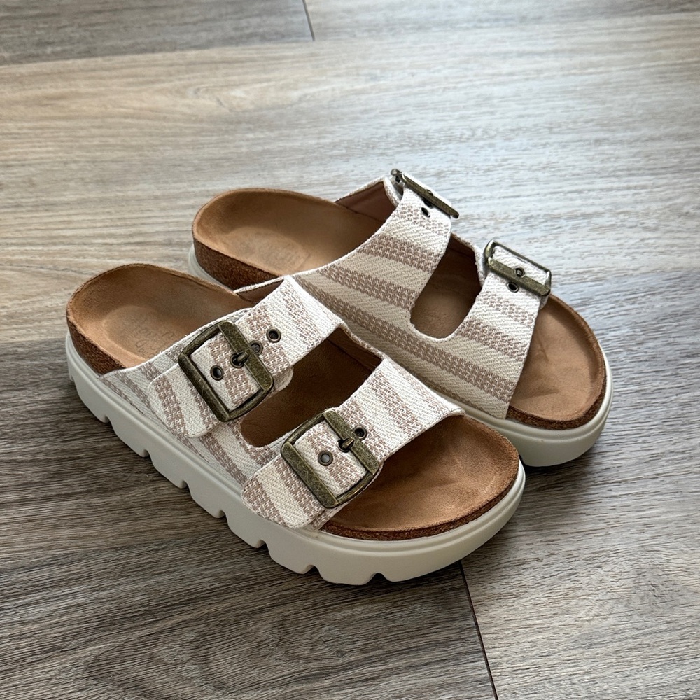 Corkys Cream Striped Double-Buckle Platform Sandals